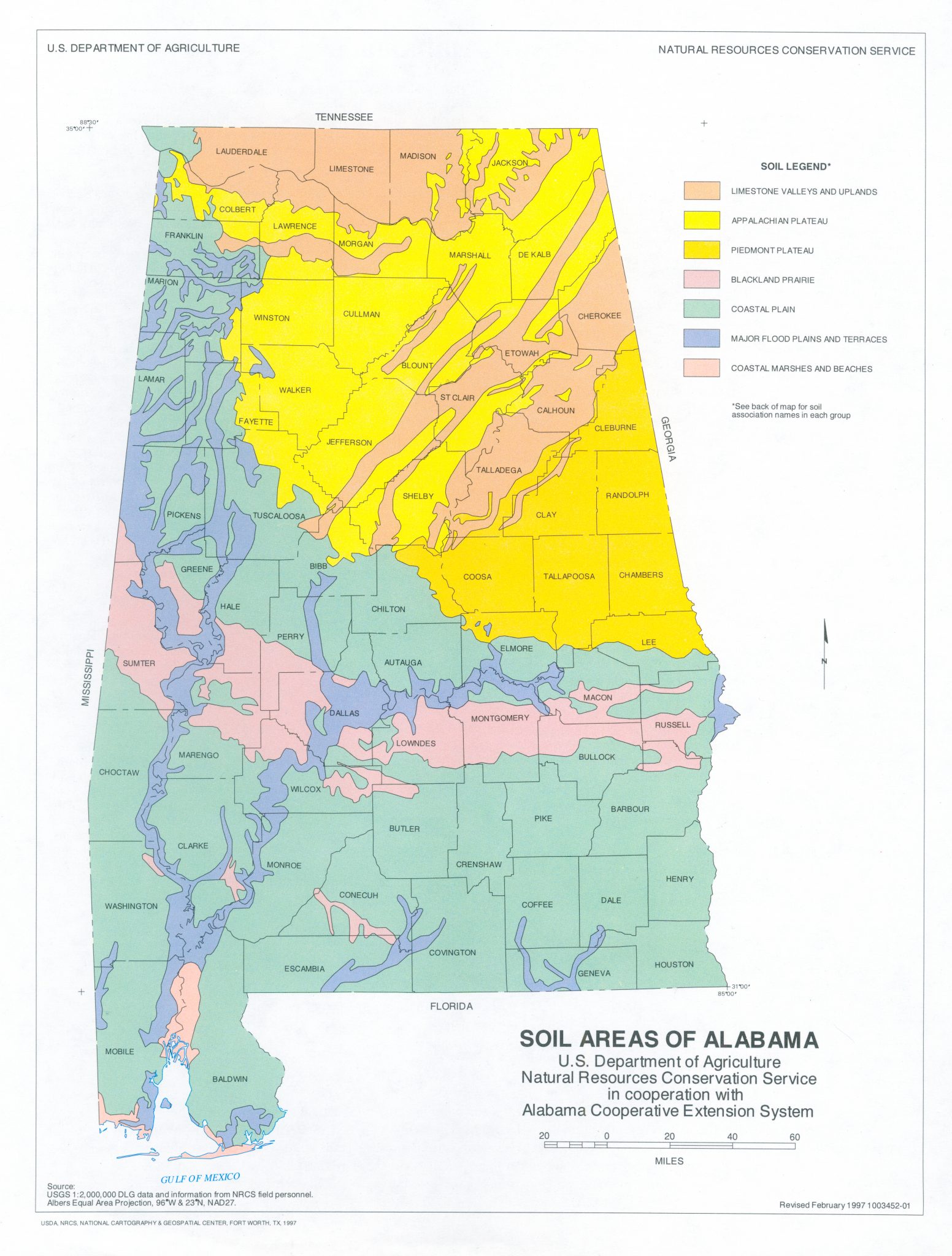 Soil Map of Alabama, showing colored regions depicting changes in soil types.