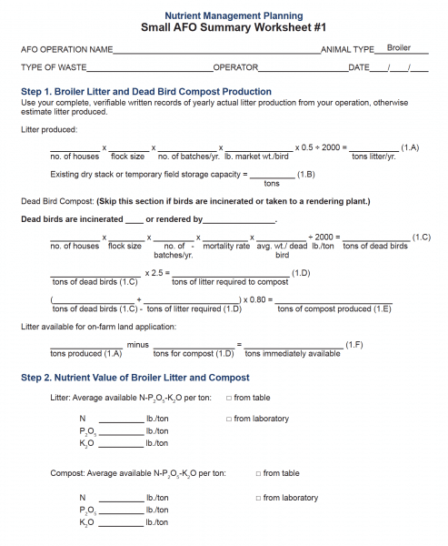 Nutrient Management Planning Small AFO Summary Worksheet #1