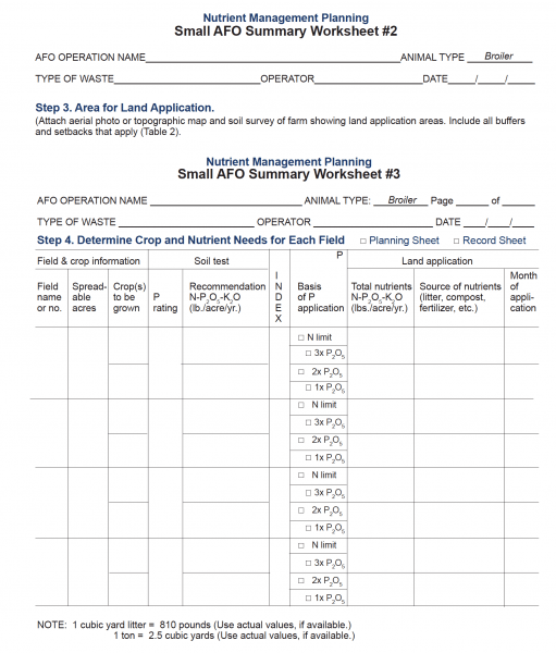 Nutrient Management Planning Small AFO Summary Worksheets #2 and #3