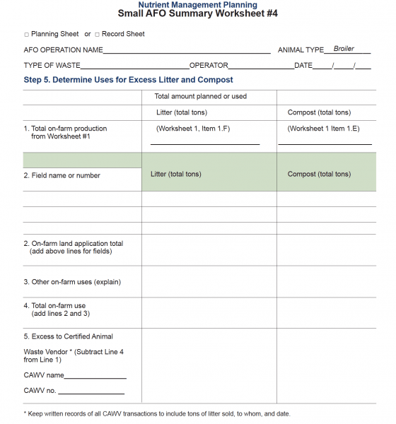 Nutrient Management Planning Small AFO Summary Worksheet #4