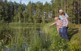 Grandfather teaching grandsons fishing at sunny lakeside