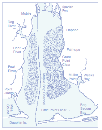 Figure 1. Areas of low-oxygen water in Mobile Bay.