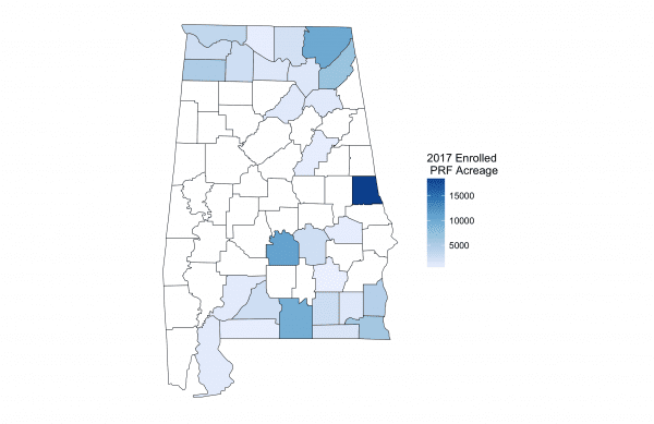 Alabama 2017 Pasture, Rangeland, and Forage Insurance Program participation by county (Source: USDA RMA 2017 Summary of Business Reports and Data)