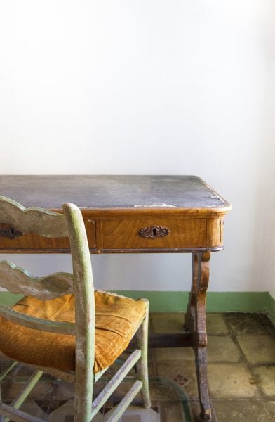Antique European Desk and Chair in Bright Rustic Study