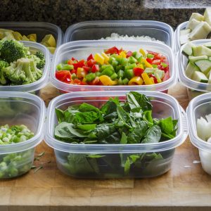 Chopped vegetables for cooking or storage in plastic containers