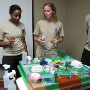 Participants work with a model that demonstrates water run-off.