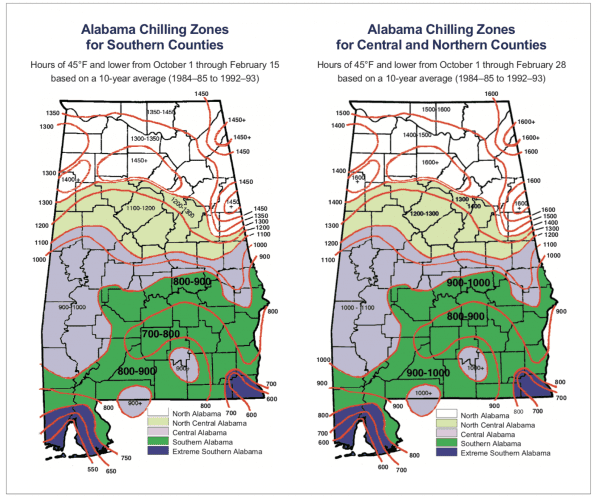 Figure 1. Fruit-growing regions of Alabama based on fall and winter temperatures.