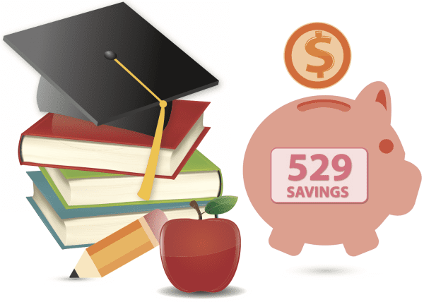 Illustrated books, graduation cap, apple, pencil, and piggy bank.