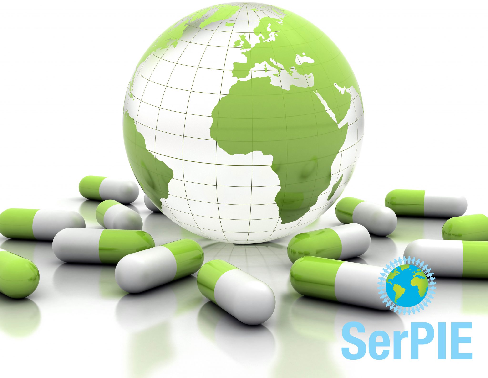Illustration of a globe resting next to spilled pills