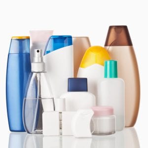 Set of colorful toiletries cosmetic plastic bottles