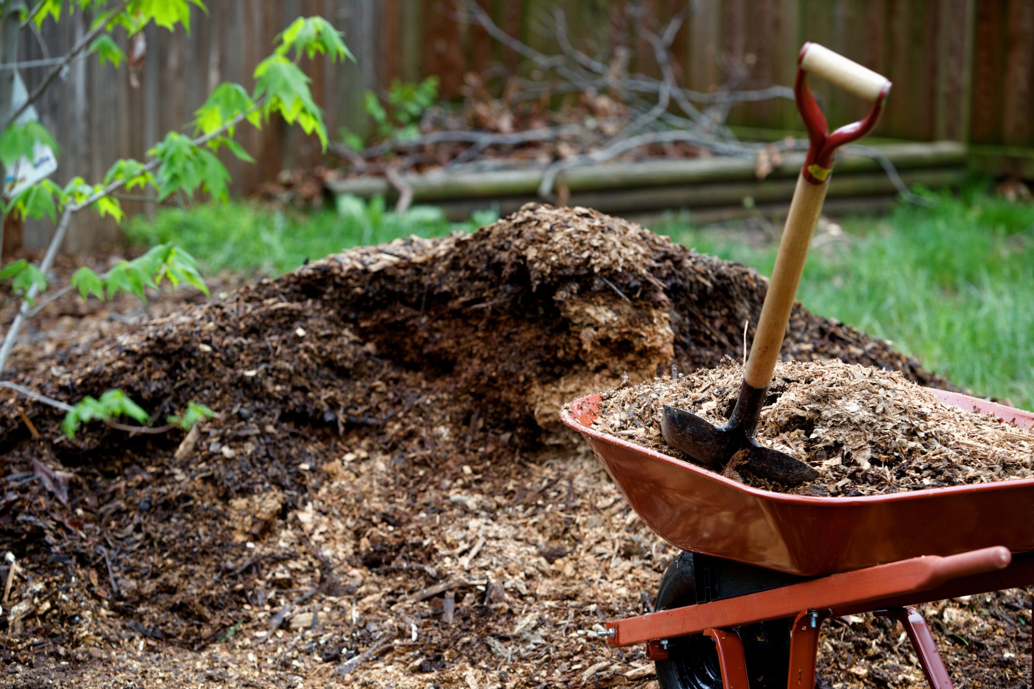 wheel barrow and shovel working with landscape mulch