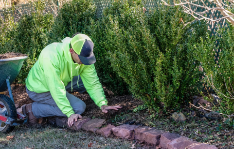 A man applying mulch to a winter gardening bed.