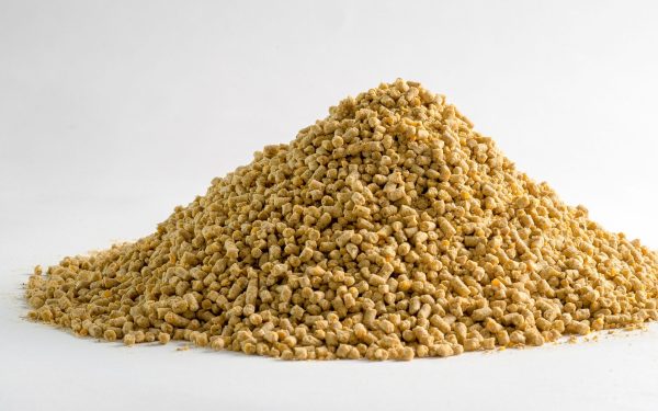 A pile of chicken feed on a white background.