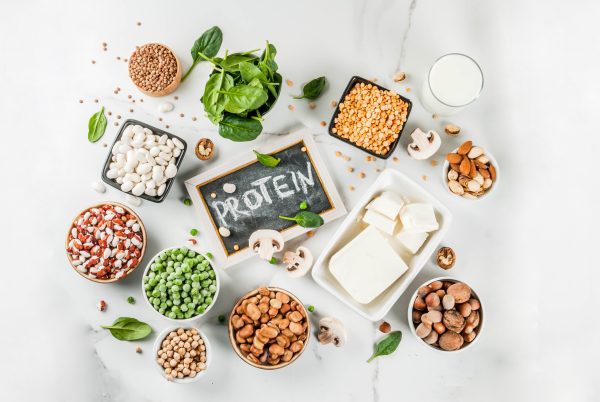 Healthy diet vegan food, veggie protein sources: Tofu, vegan milk, beans, lentils, nuts, soy milk, spinach and seeds. Top view on white table.