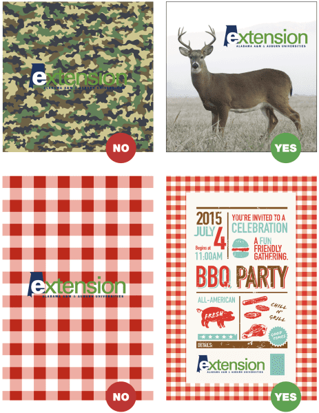 Examples of the Alabama Extension logo used correctly and incorrectly on different backgrounds