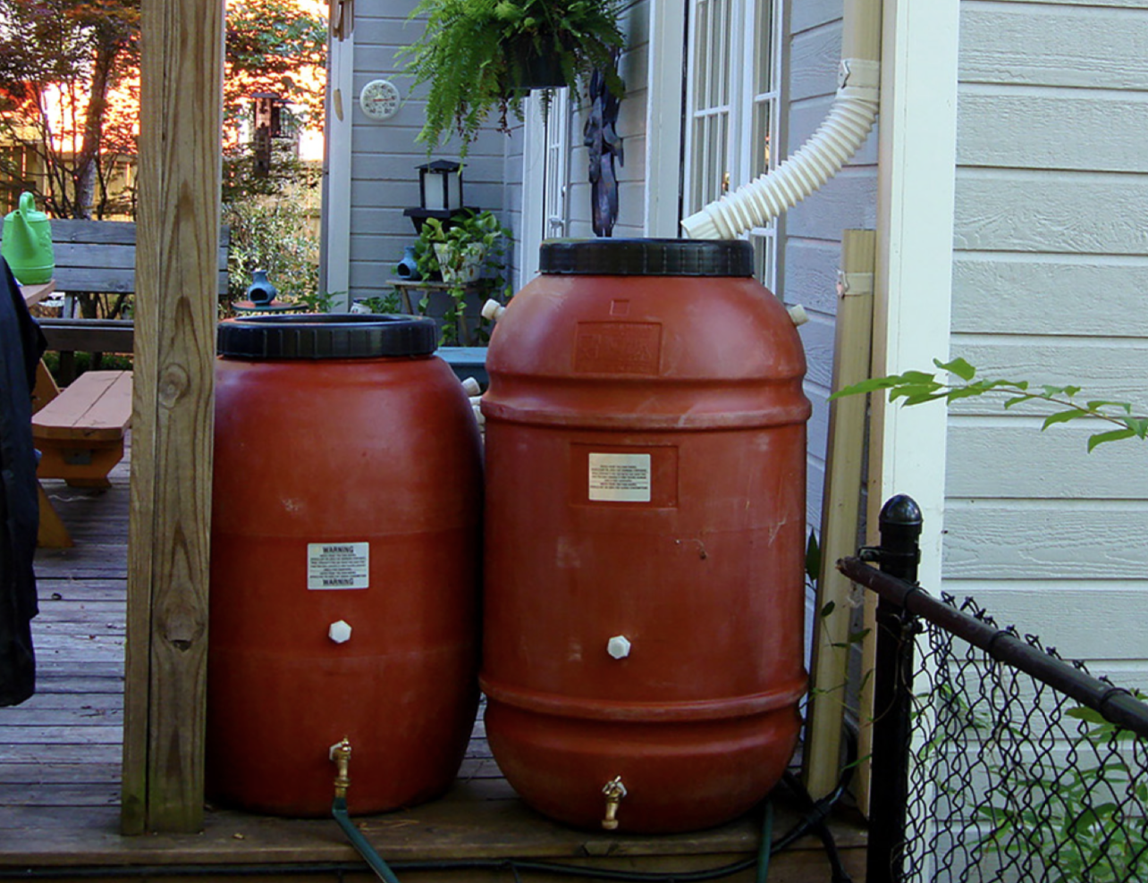 Rain Barrels collect rainwater from rooftops