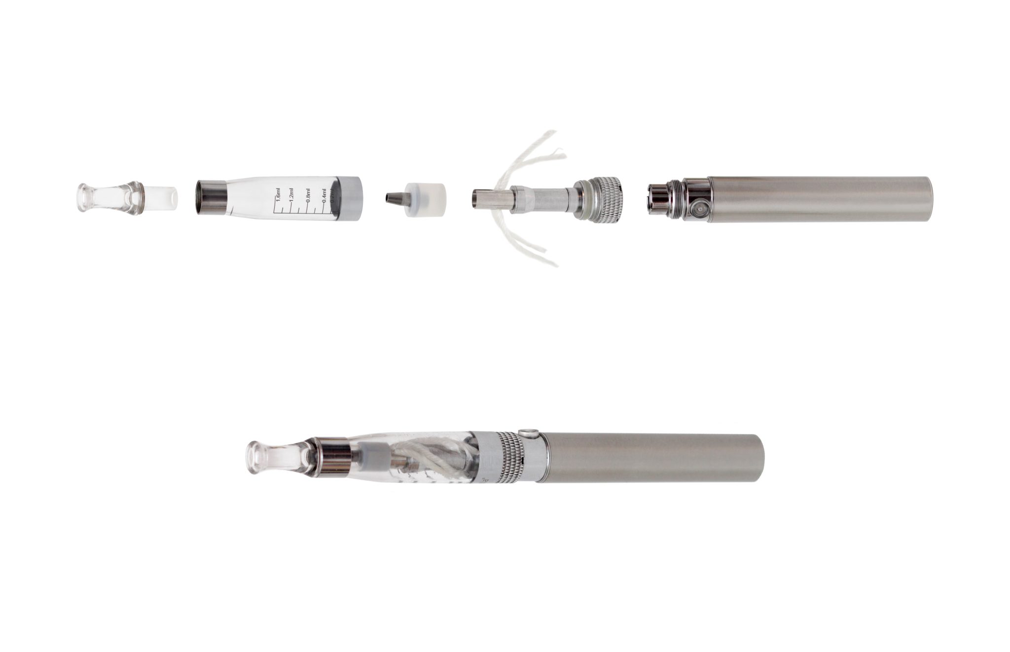 electronic cigarette, assembled and disassembled