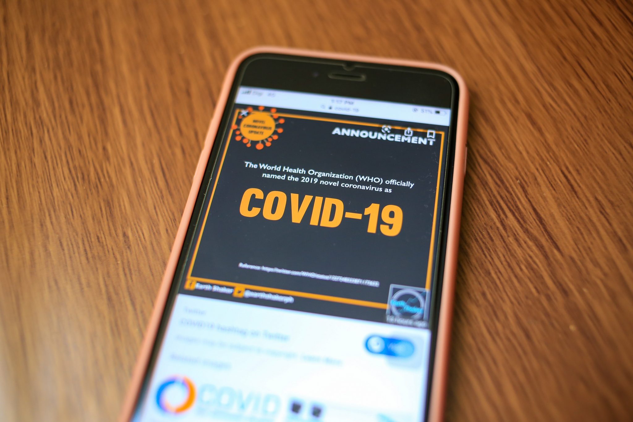 A smartphone displaying coronavirus information.