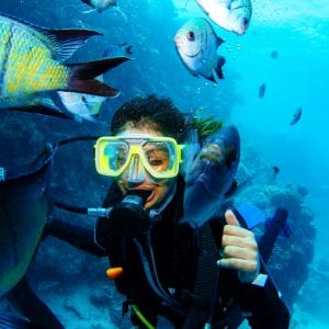 Close-Up Of Woman Scuba Diving In Great Barrier Reef