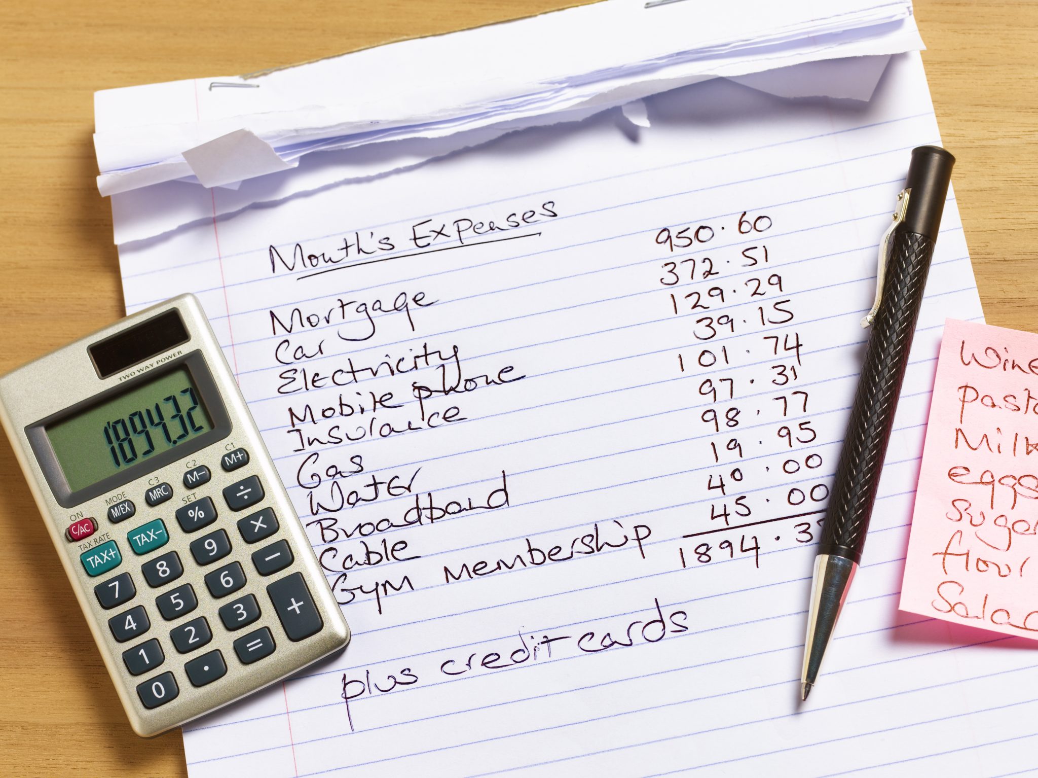 List of monthly expenses