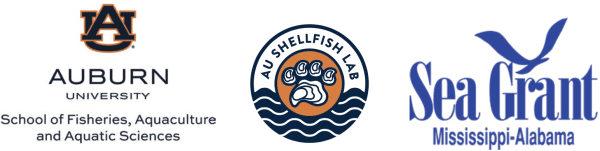 Logos for the Auburn University School of Fisheries, Aquaculture and Aquatic Sciences, the AU Shellfish Lab, and the Sea Grant