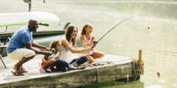 Family fishing in lake