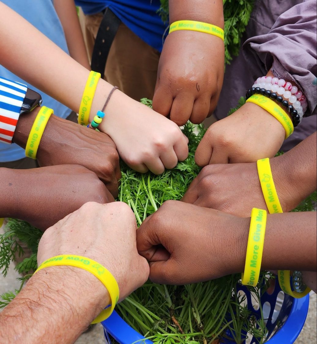 A diverse group of hands all with Grow More, Give More bracelets on.