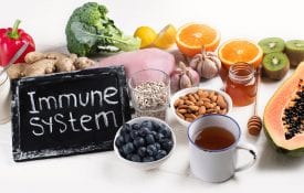 Fruits and vegetables surrounded by a sign that says Immune System.
