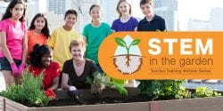 Teacher is with middle school students posing around a raised garden bed in the city.