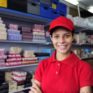 A young woman in a red uniform working retail.