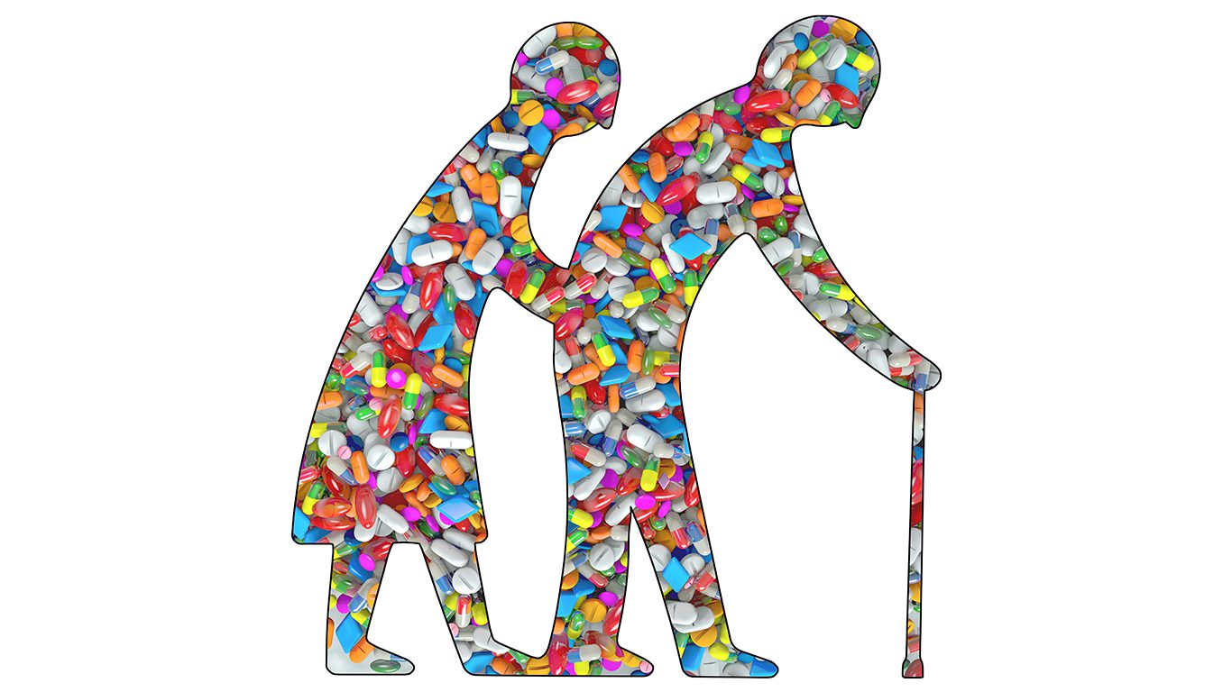 Illustrated outline of an older couple. Inside the figures are medication pills.