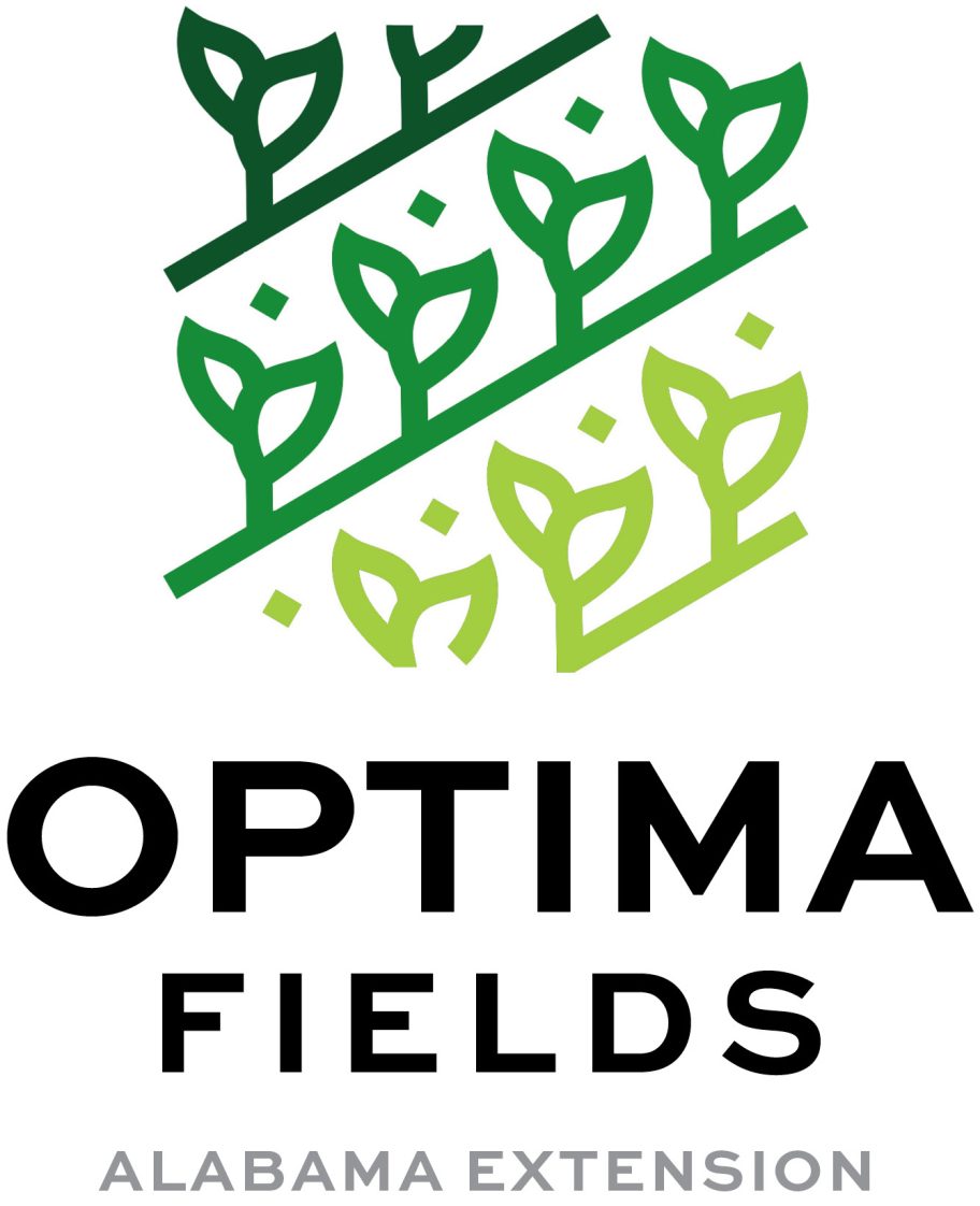 An illustrated logo of growing plants with the words OPTIMA Fields Alabama Extension below them.