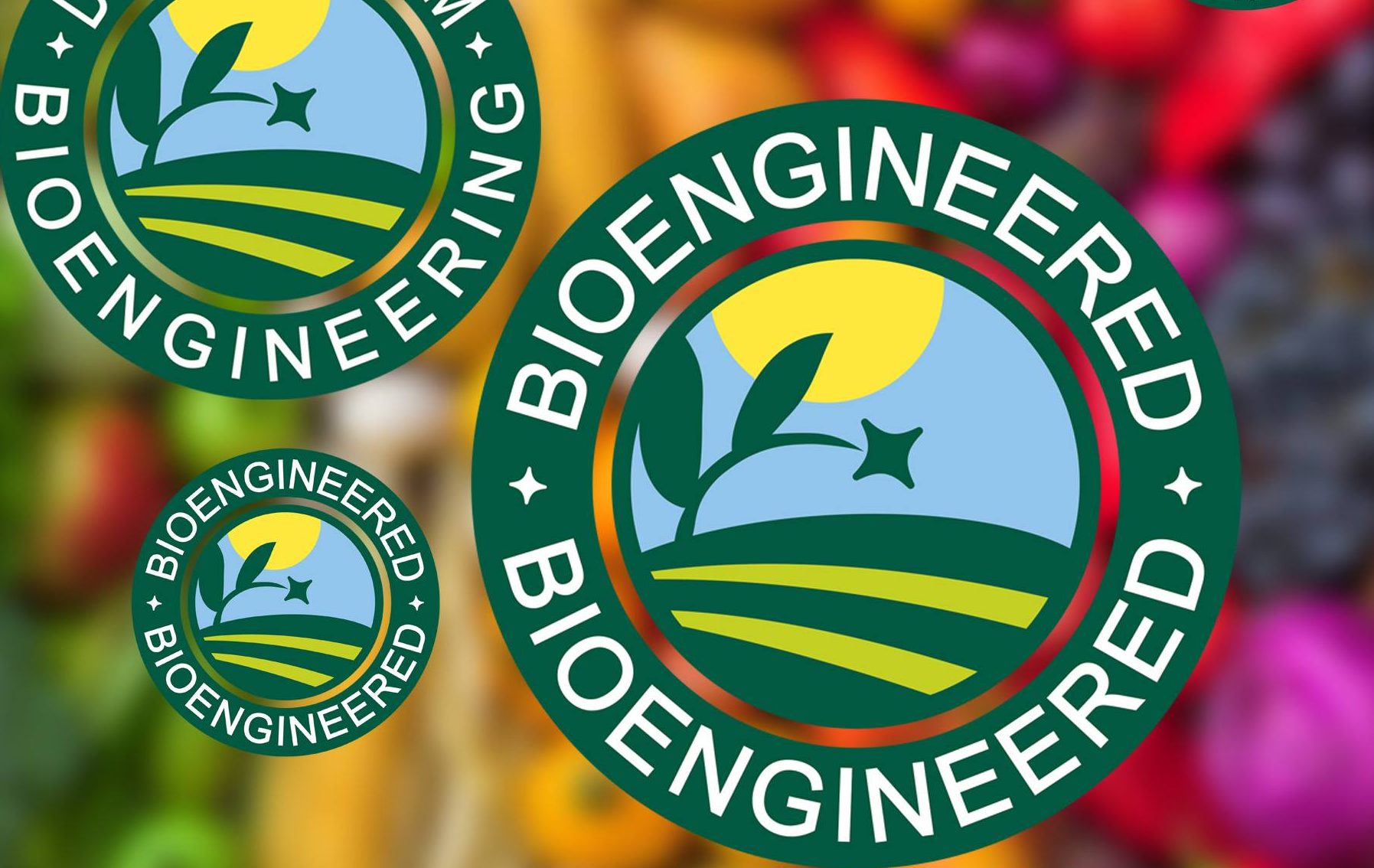 Figure 1. New Bioengineered food label with produce in background.. Composite made using iStock image by Bojsha65