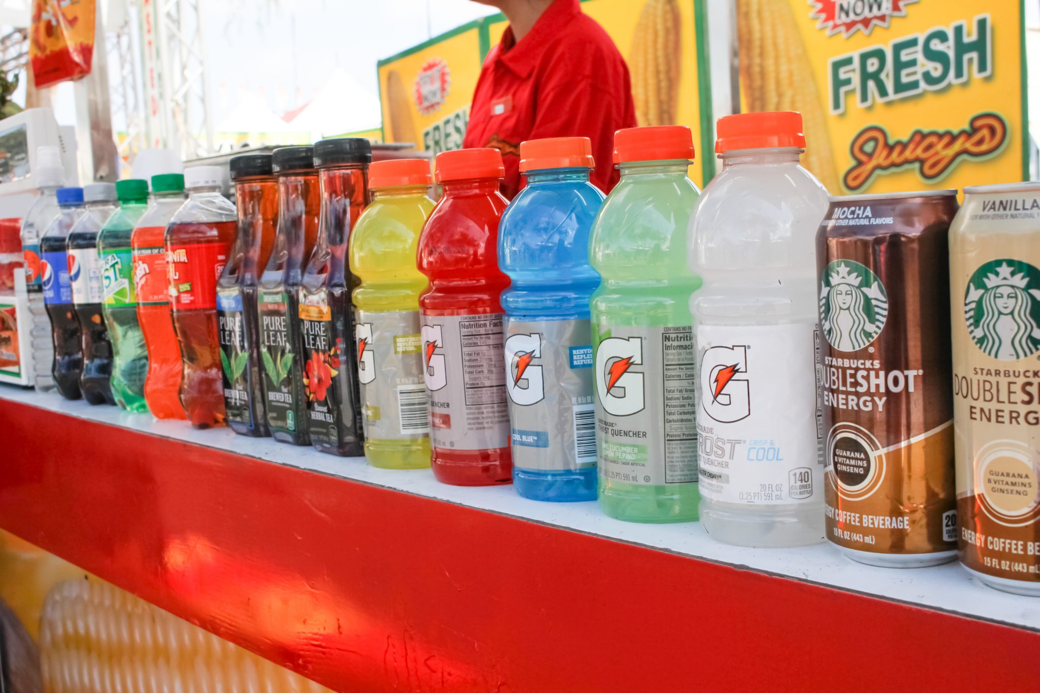 sugary beverages lined up in a line.