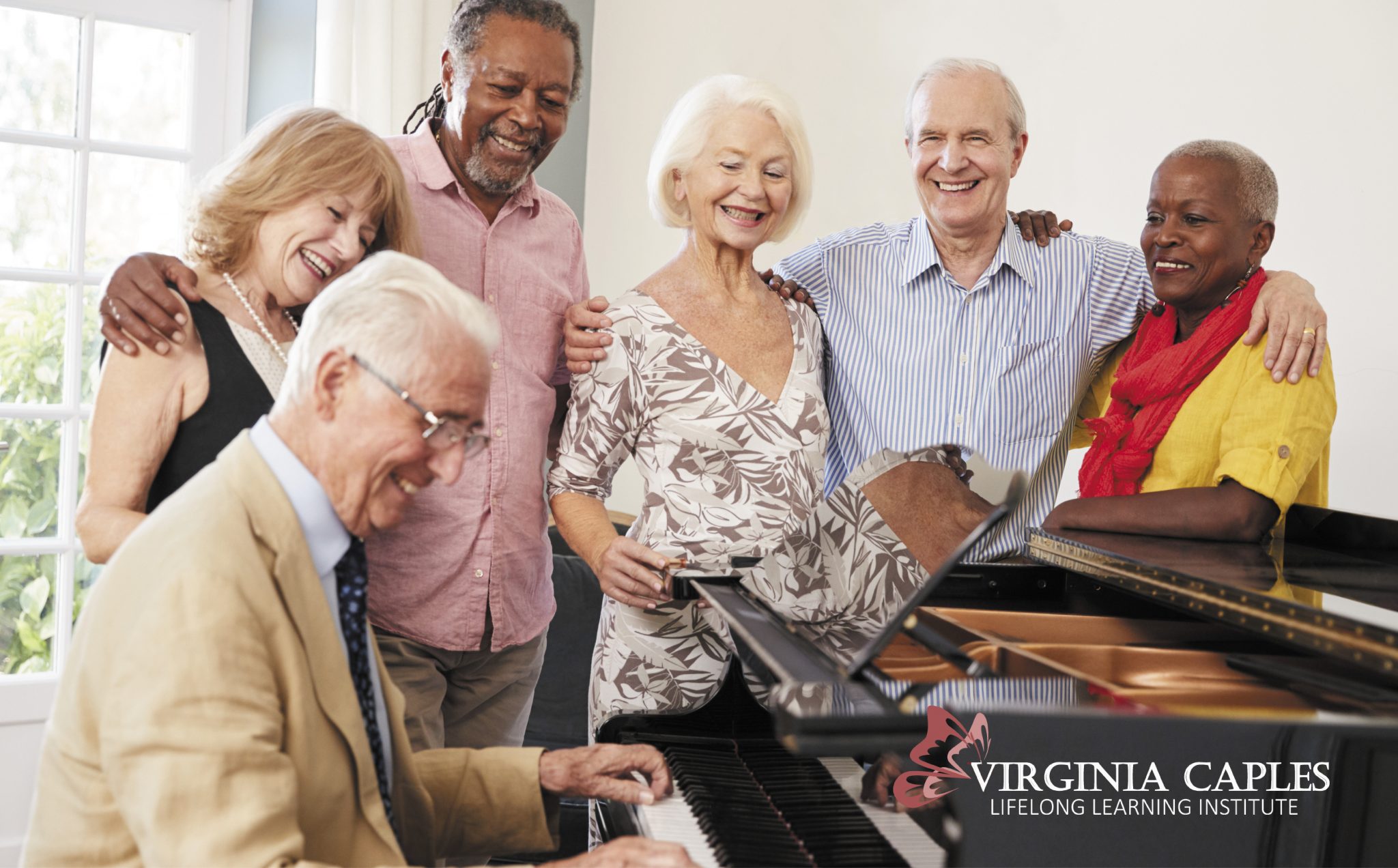 A group of elderly people gathered around a piano
