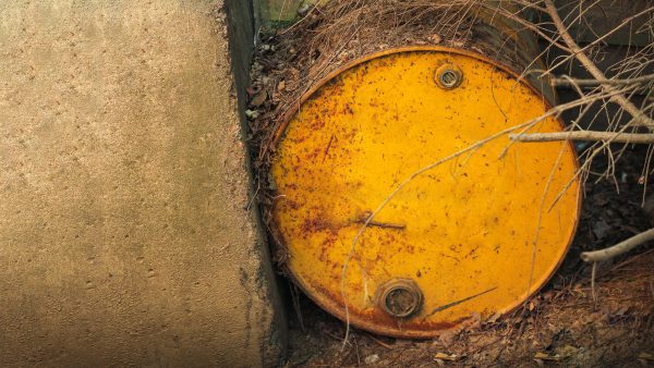 A rusted chemical container