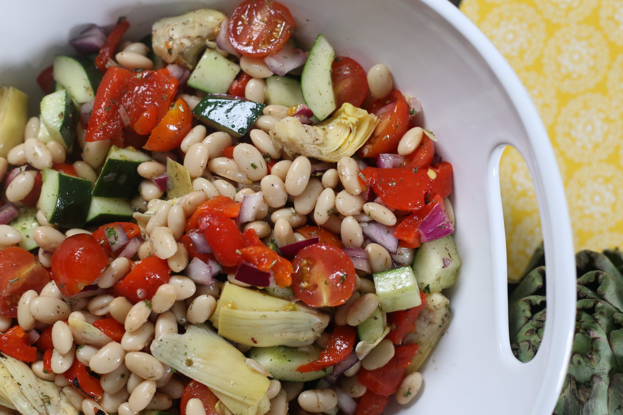 Greek salad, food in white bowl
