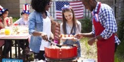 cooking, patriotic clothing, smiling faces