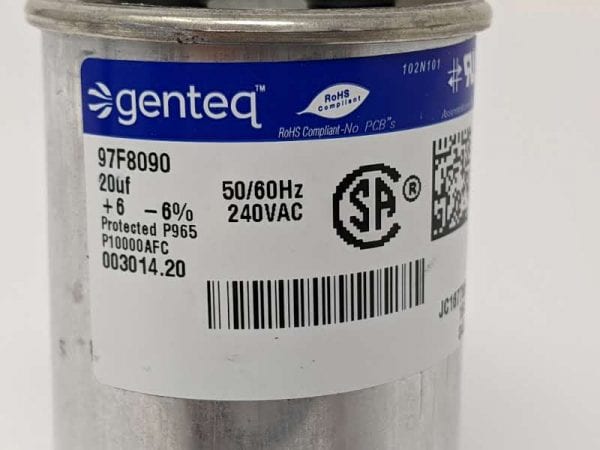 Figure 10. Example label from a run capacitor. The label contains important information including the capacitance (20 μF ± 6%), voltage rating (240 V), and electrical frequency (50 or 60 Hz).