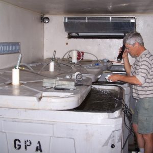 Figure 3. Upon arrival at the farm, shrimp postlarvae are acclimated to the salinity and temperature of nursery tanks.