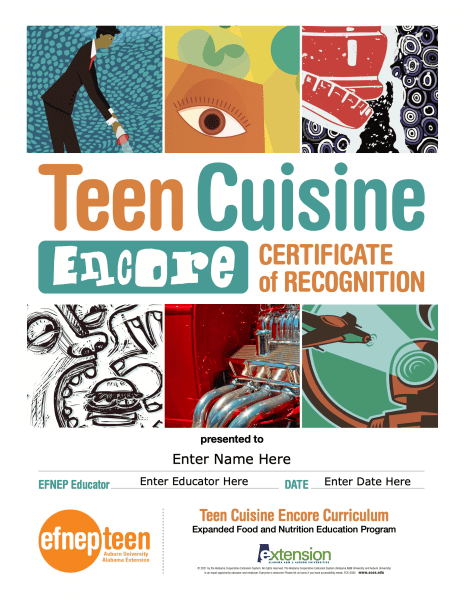 Teen Cuisine Encore Certificate of Recognition