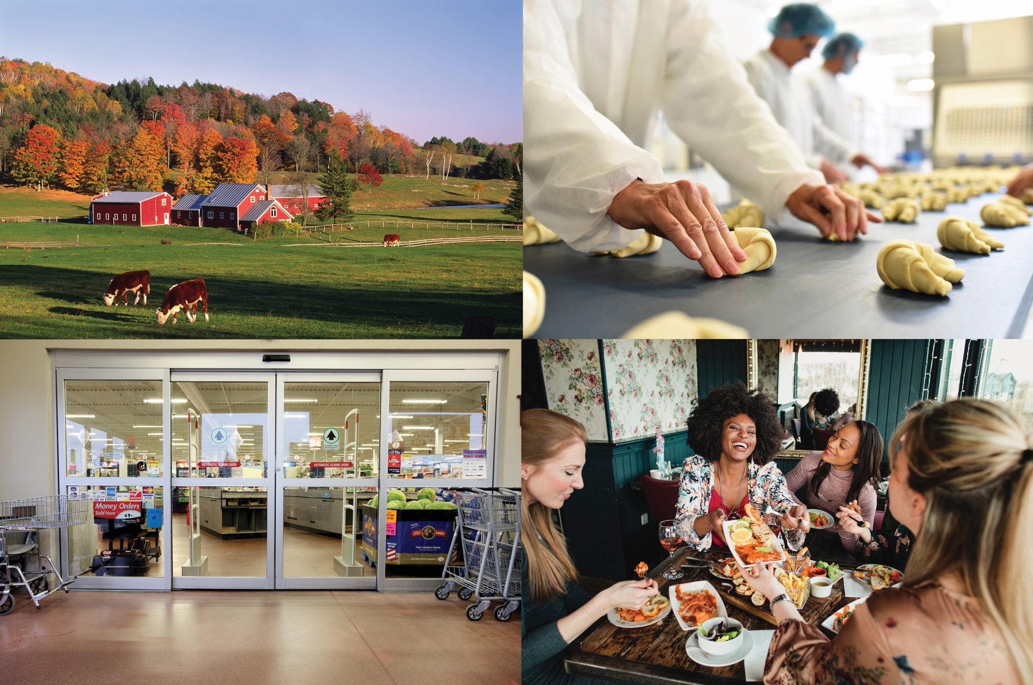 A collage of a farm, grocery store, people at lunch, and a professional kitchen
