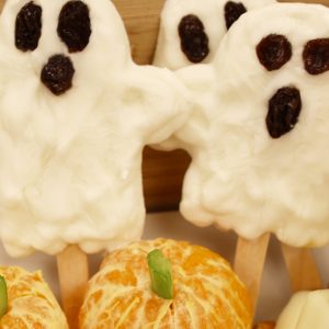 Frozen yogurt ghosts, tangerine pumpkins, cheese brooms