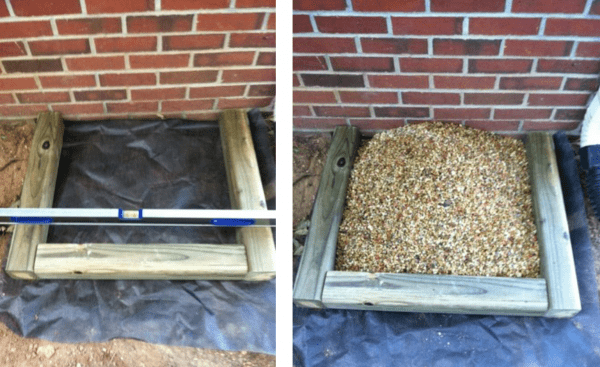 Figure 24. Make sure your platform is level before installing the rain barrel. Pea gravel can be used to create a supportive and easily leveled platform.