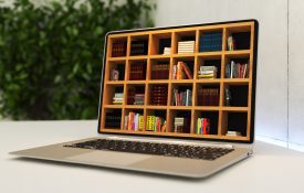 Laptop with online library realistic 3D rendering