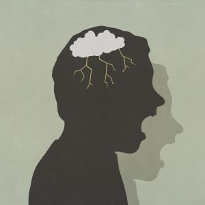 Silhouette angry man with storm cloud in head screaming