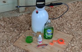 Figure 1. Tools and supplies to perform a gas leak test: hand-pump sprayer, liquid soap, glycerin (optional), water, flagging or marking tape, safety glasses, and a ladder if needed.