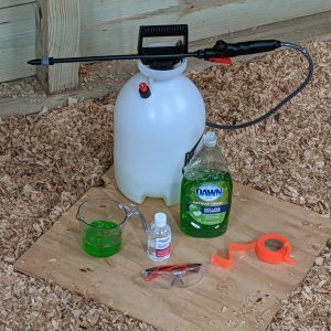 Figure 1. Tools and supplies to perform a gas leak test: hand-pump sprayer, liquid soap, glycerin (optional), water, flagging or marking tape, safety glasses, and a ladder if needed.