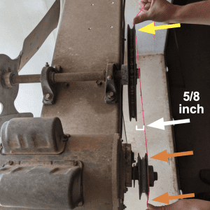 Figure 4. String method used on a fan where the pulleys are out of alignment (approximately 5/8 inch). The fan motor here can only be moved out away from the fan pulley to tighten the fan belt.