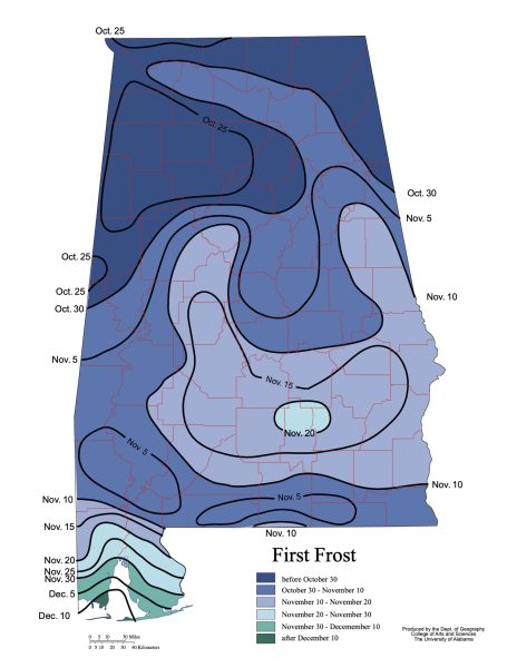 Figure 7. First frost is a major consideration when planting crops. Ideally, it is best if most cool-season crops are planted at least 45 days ahead of first frost so they have time to establish and provide maximum forage value. The timing of first frost in Alabama can vary widely throughout state.